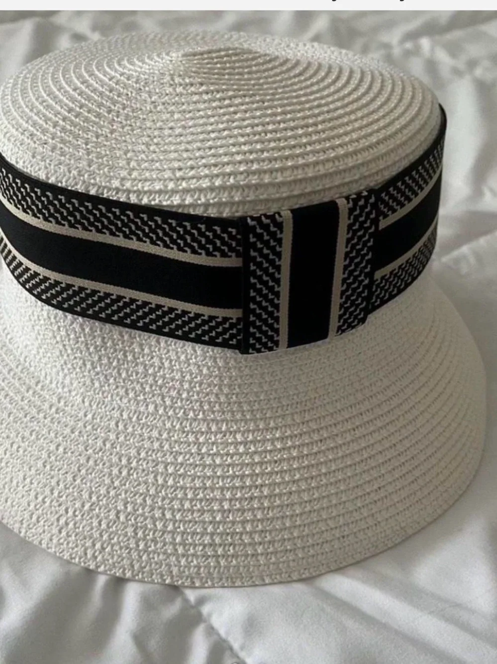 Women's White Straw Bucket Hat with Black Accent Band